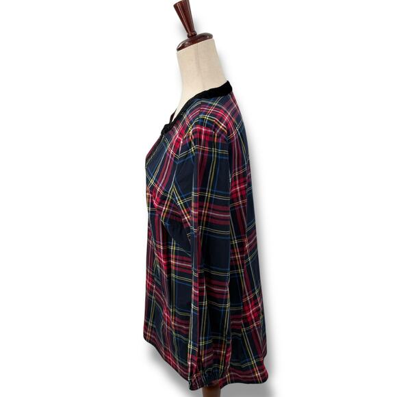 Talbots Plaid Top Size Medium Red Blue Tartan Popover Blouse Velvet Trim Holiday - Picture 4 of 8